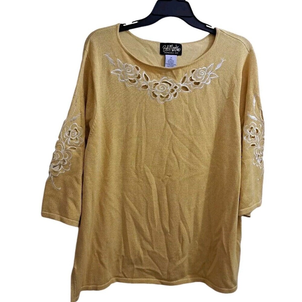 Bob Mackie Wearable Art Knit Top Women's 3X Yellow Floral Embroidered Metallic